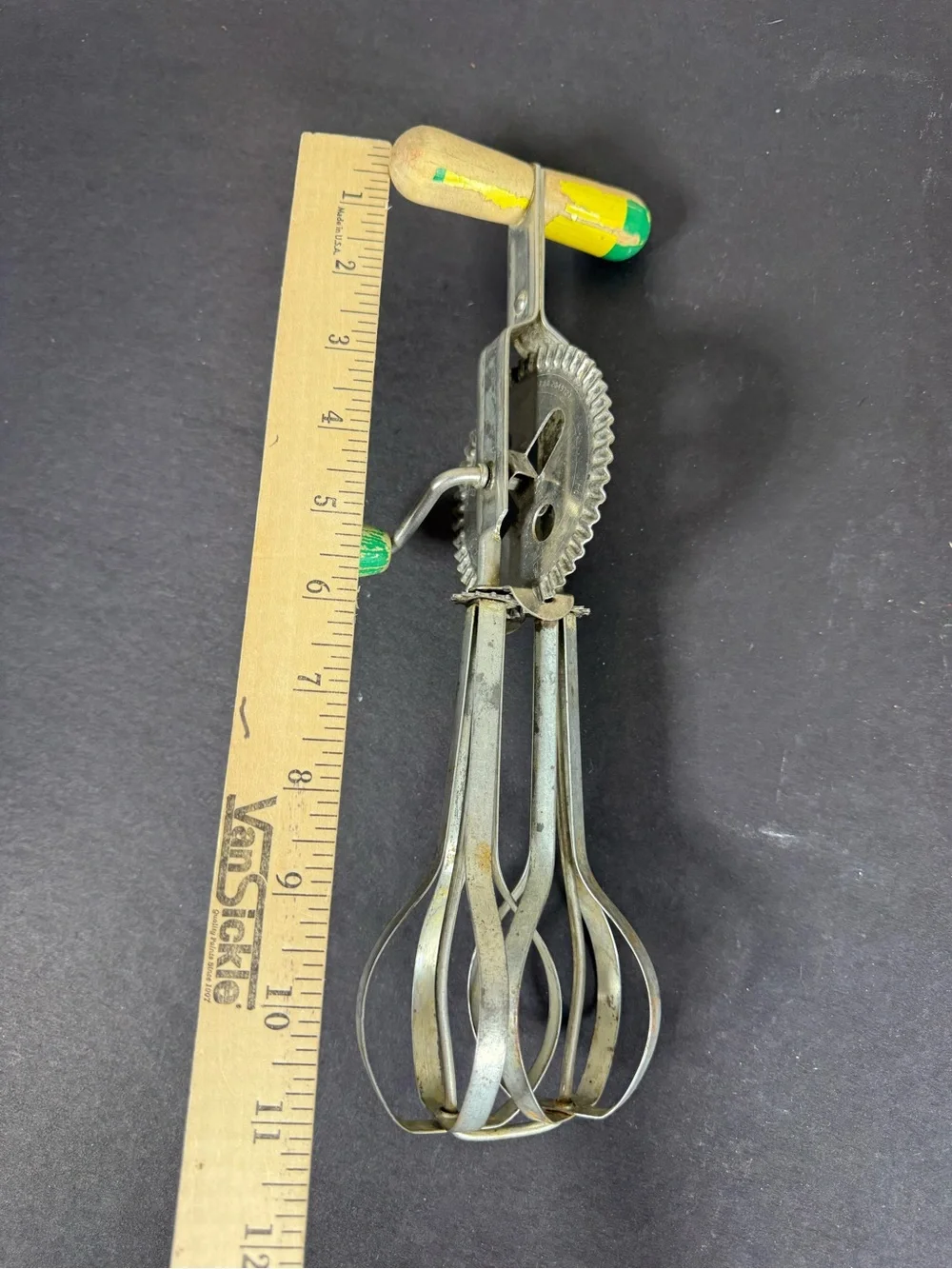 Vintage Hand Crank Egg Beater with Yellow-Green Handles